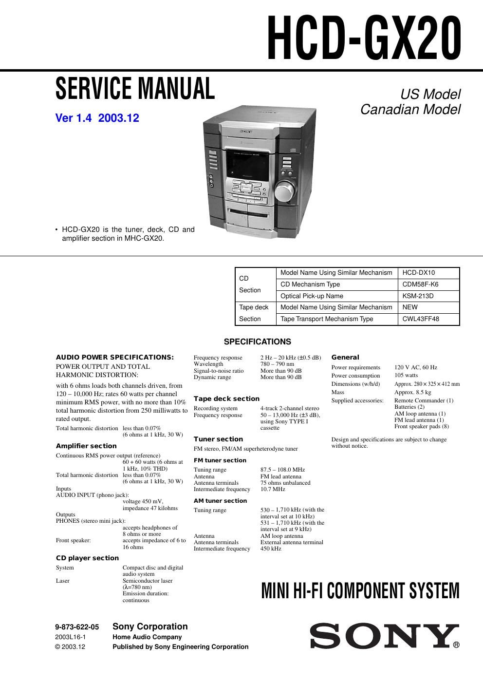 sony hcd gx 20 service manual