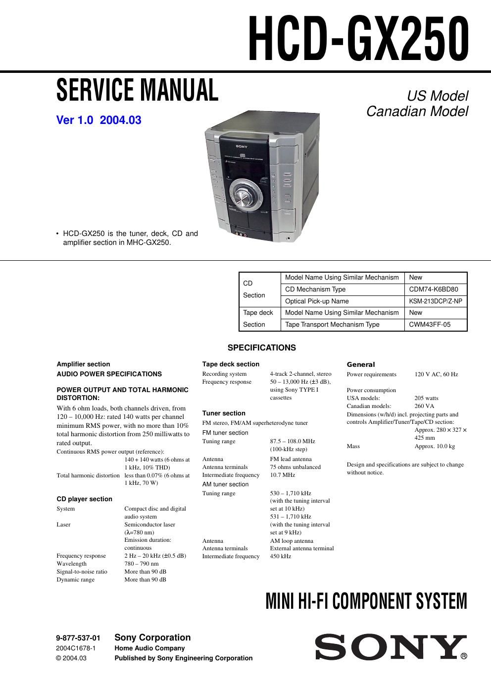 sony hcd gx 250 service manual