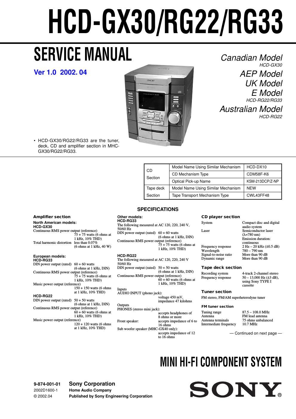 sony hcd gx 30 service manual