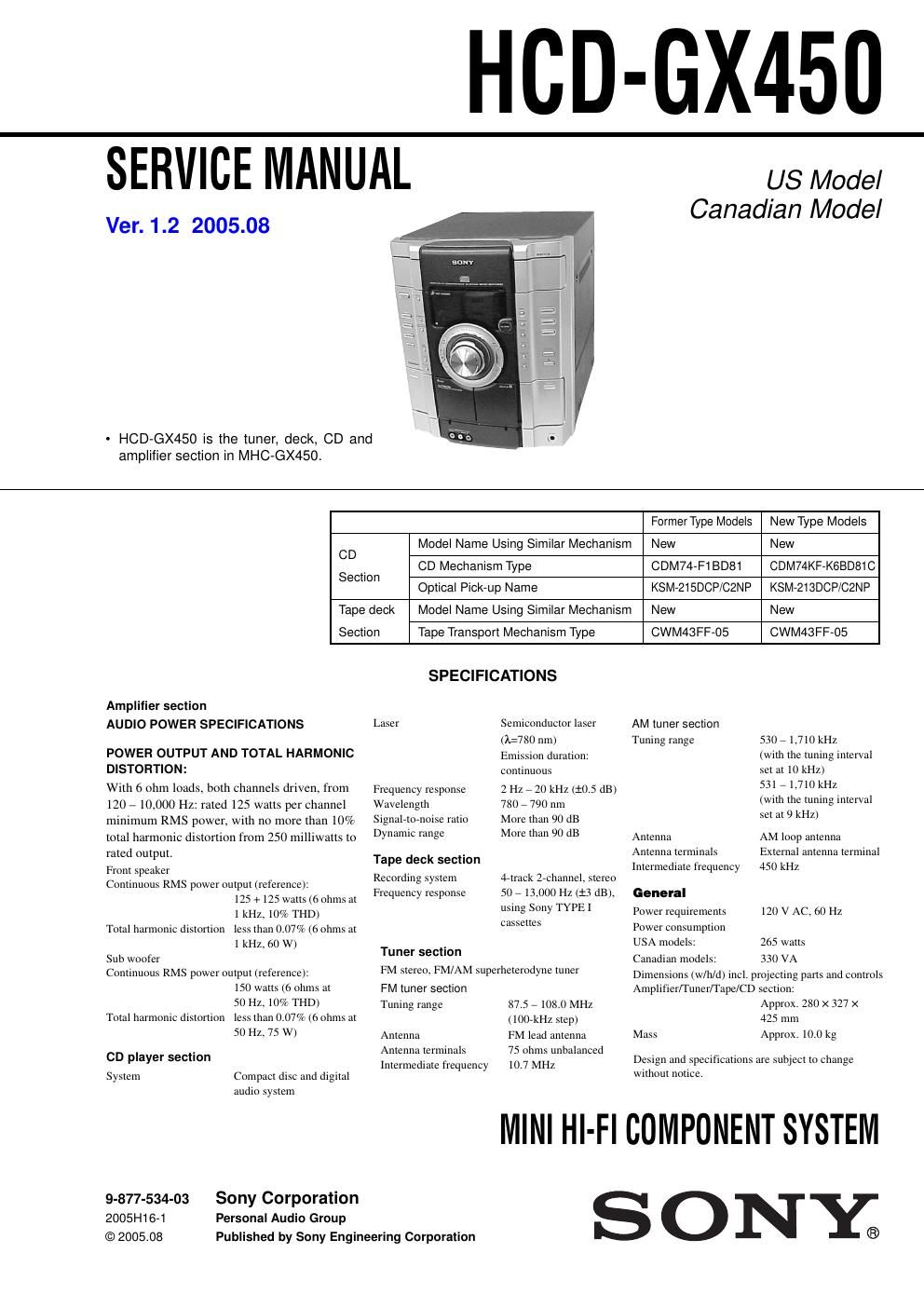 sony hcd gx 450 service manual