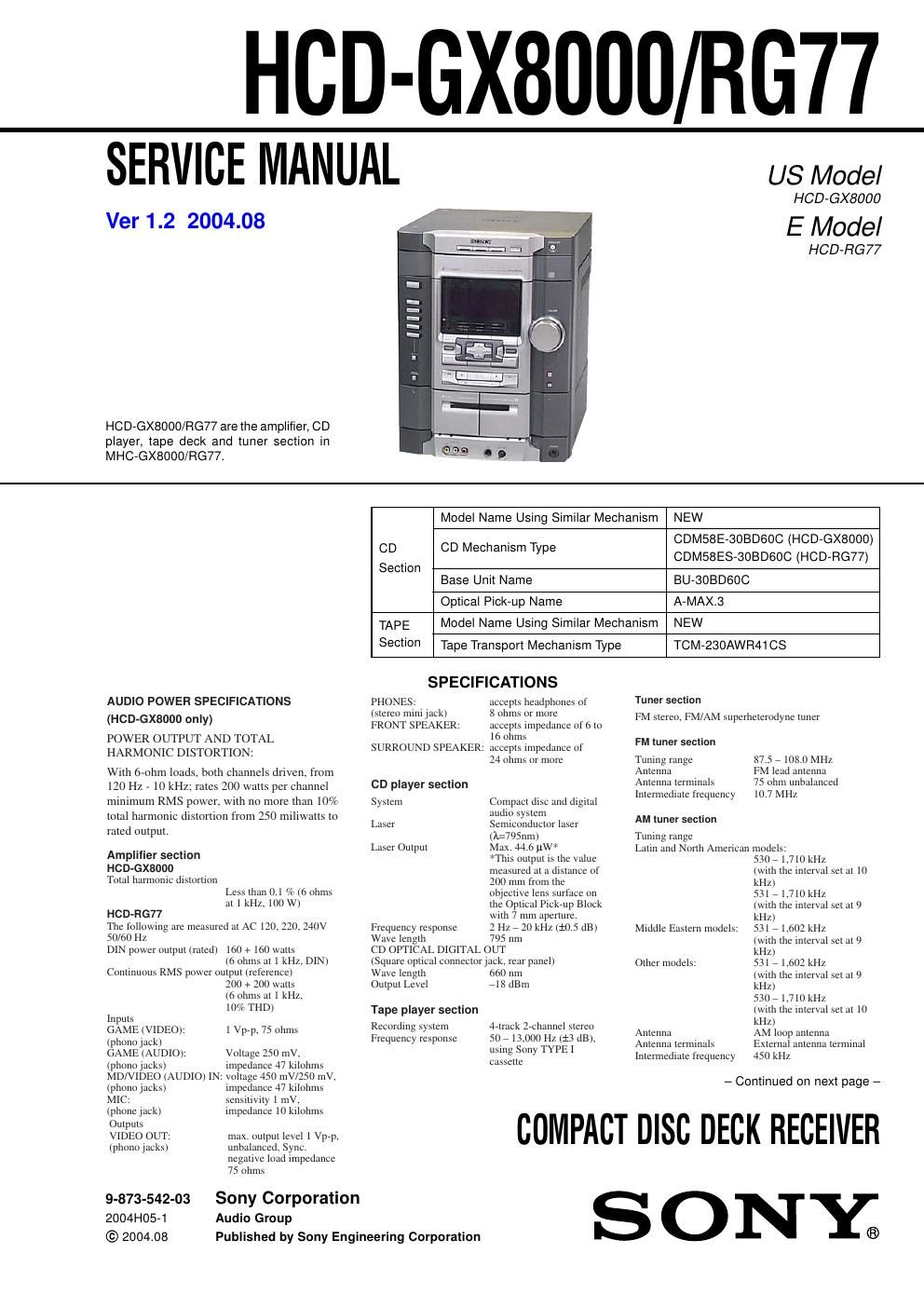 sony hcd gx 8000 service manual