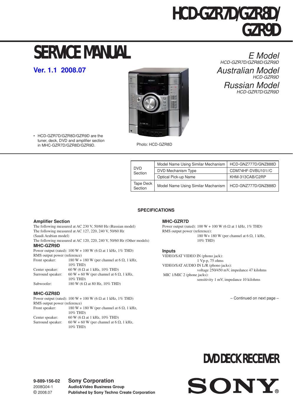 sony hcd gzr 7 d service manual