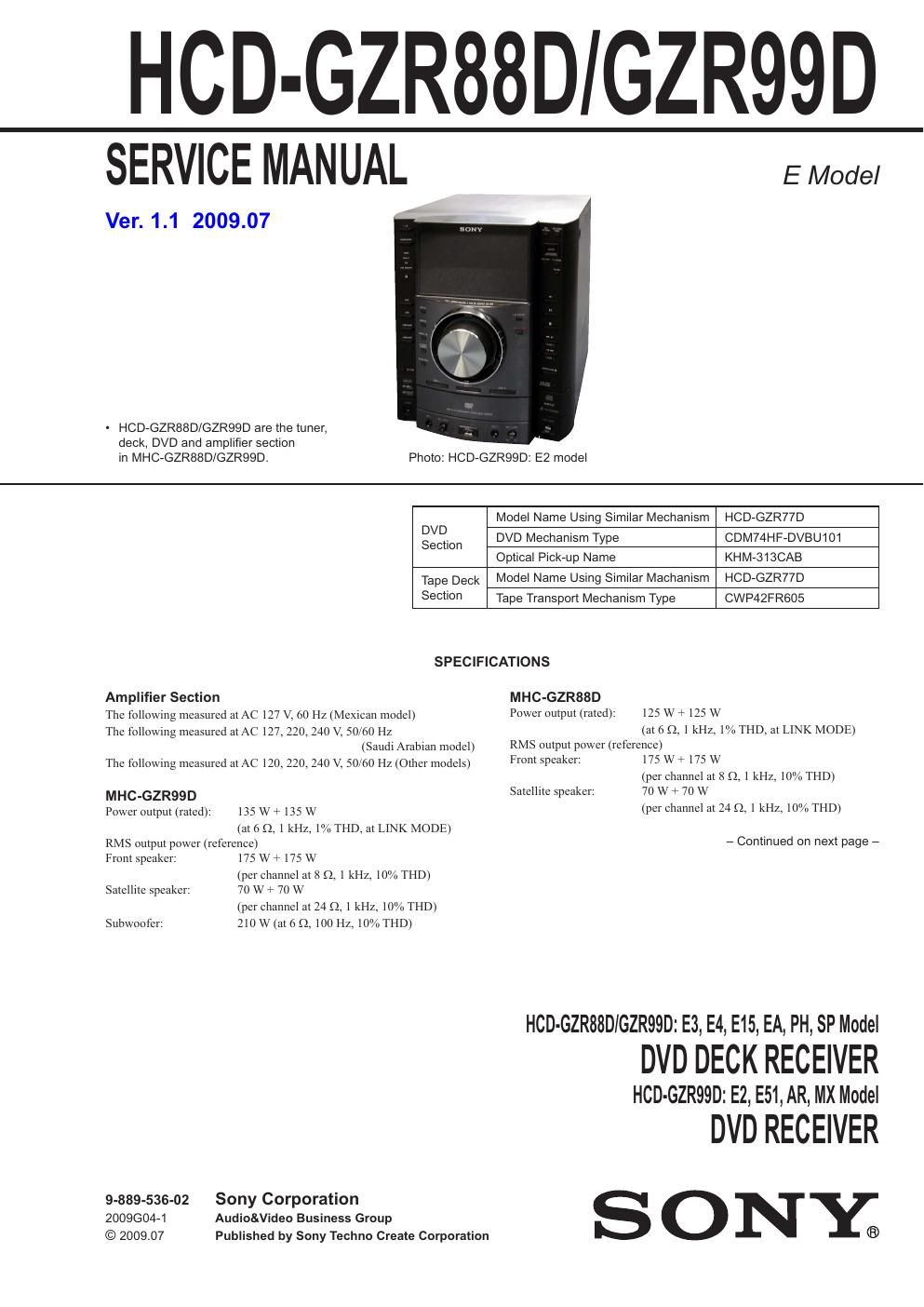 sony hcd gzr 88d service manual