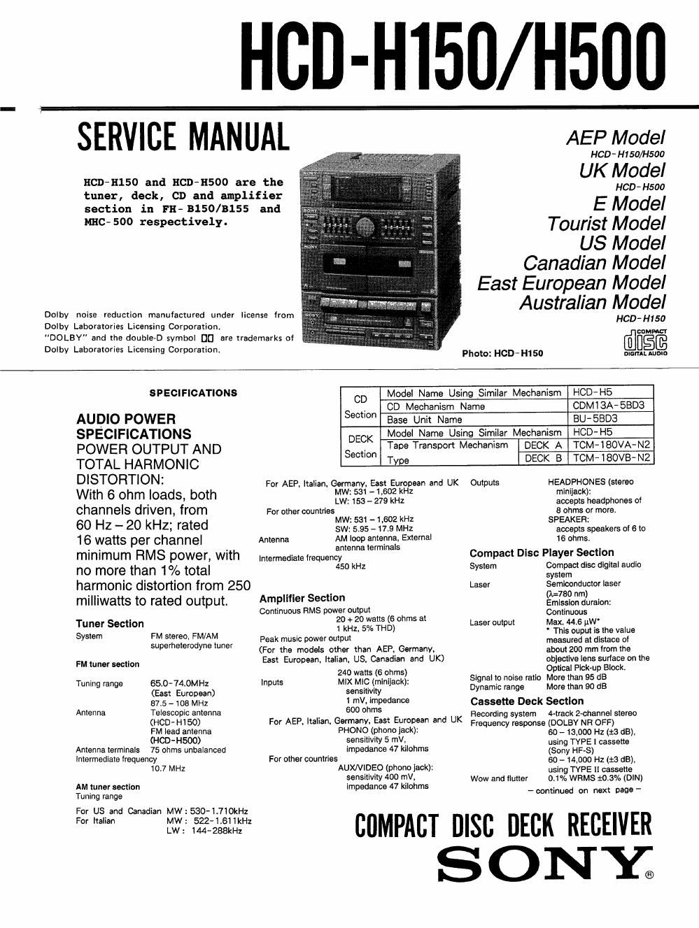 sony hcd h 150 service manual