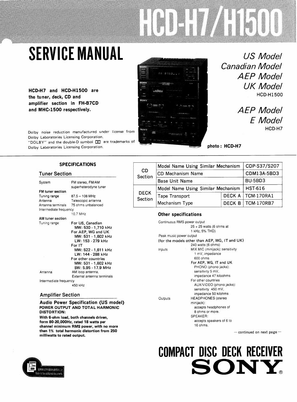 sony hcd h 1500 service manual
