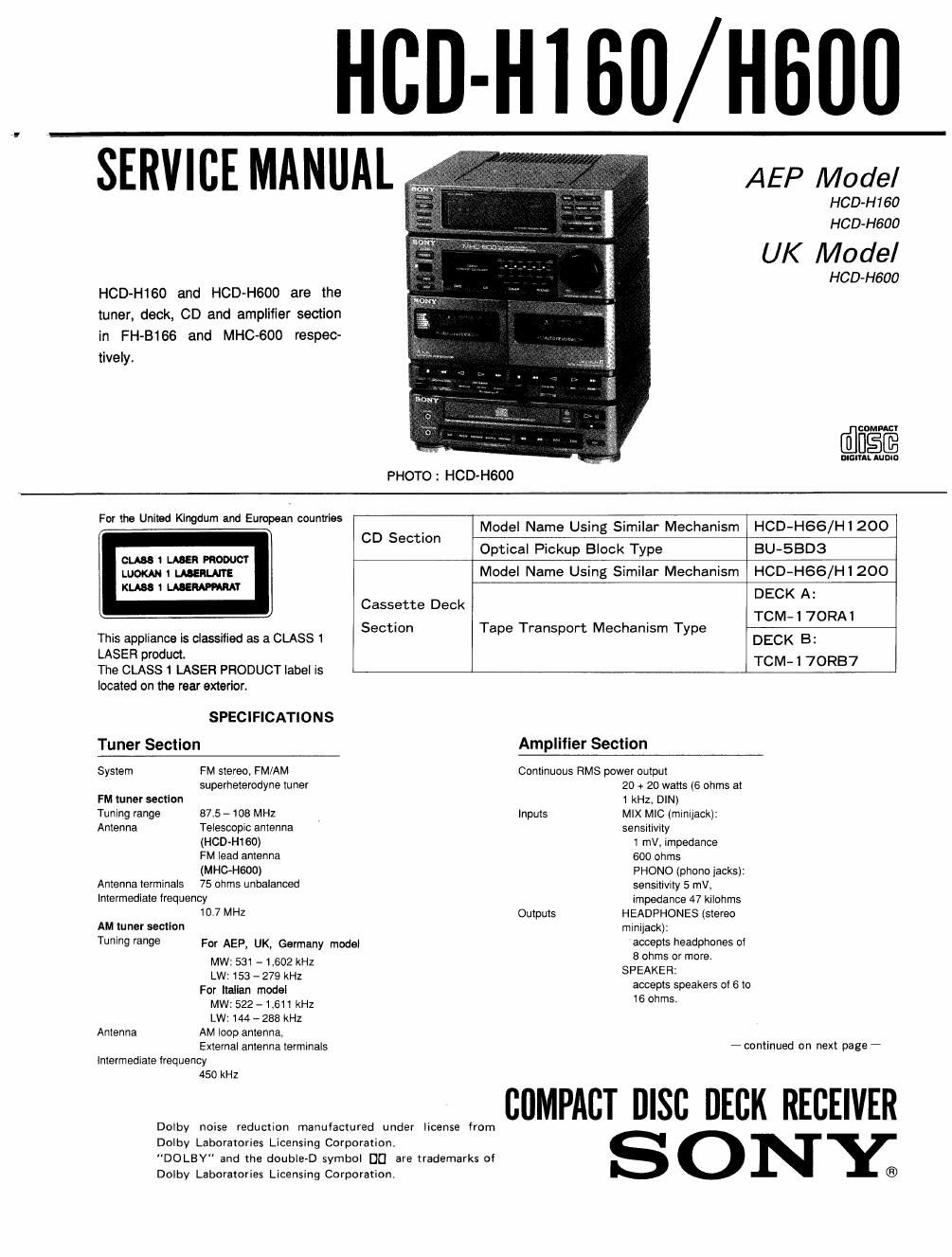 sony hcd h 160 service manual