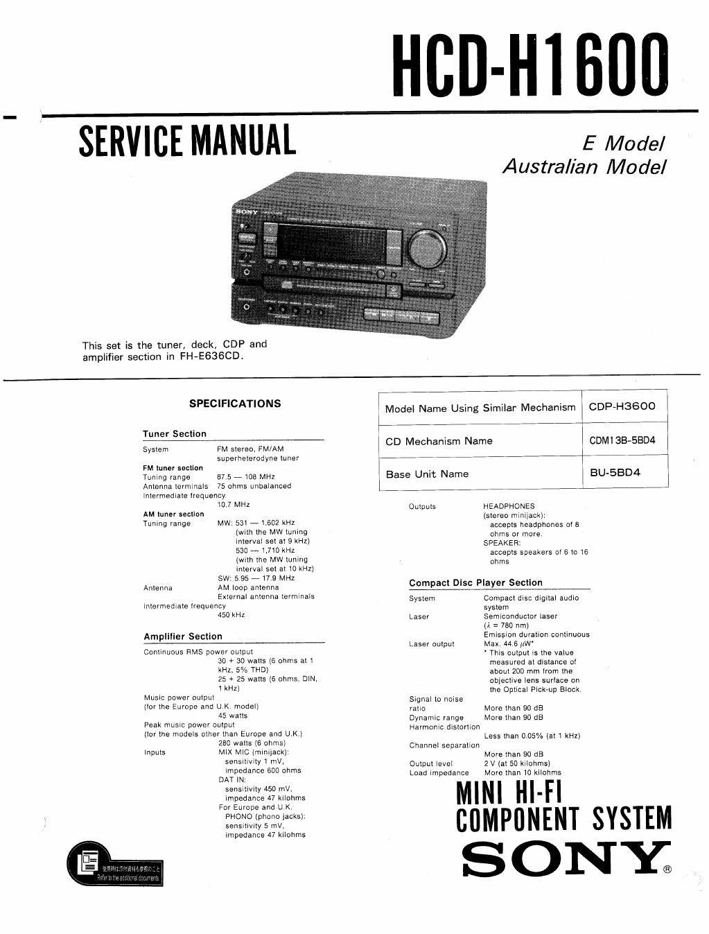 sony hcd h 1600 service manual