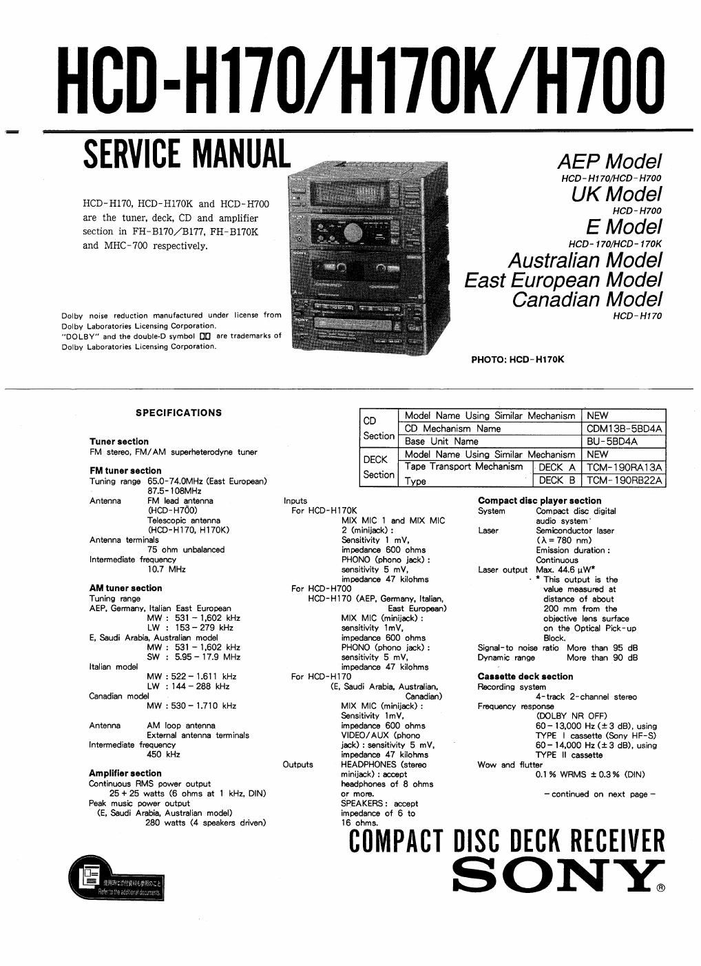 sony hcd h 170 service manual