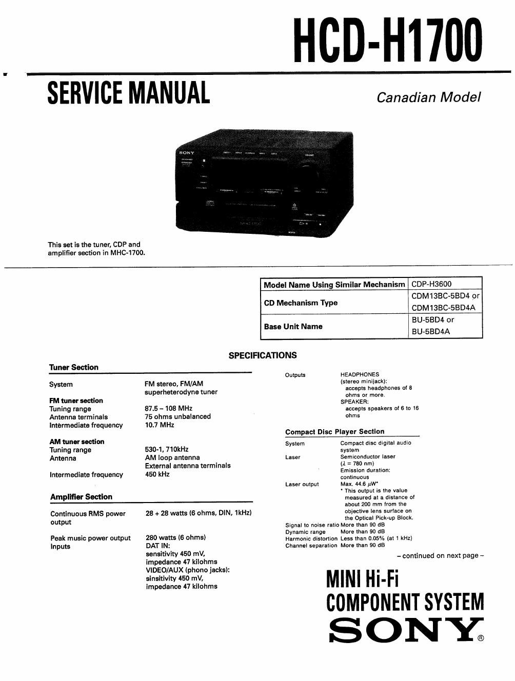 sony hcd h 1700 service manual