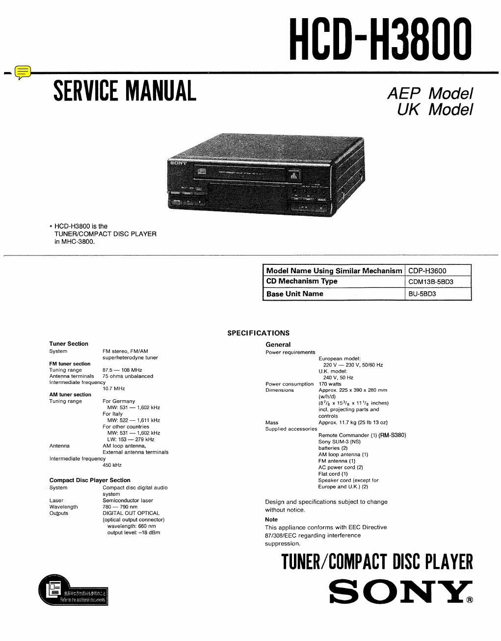 sony hcd h 3800 service manual