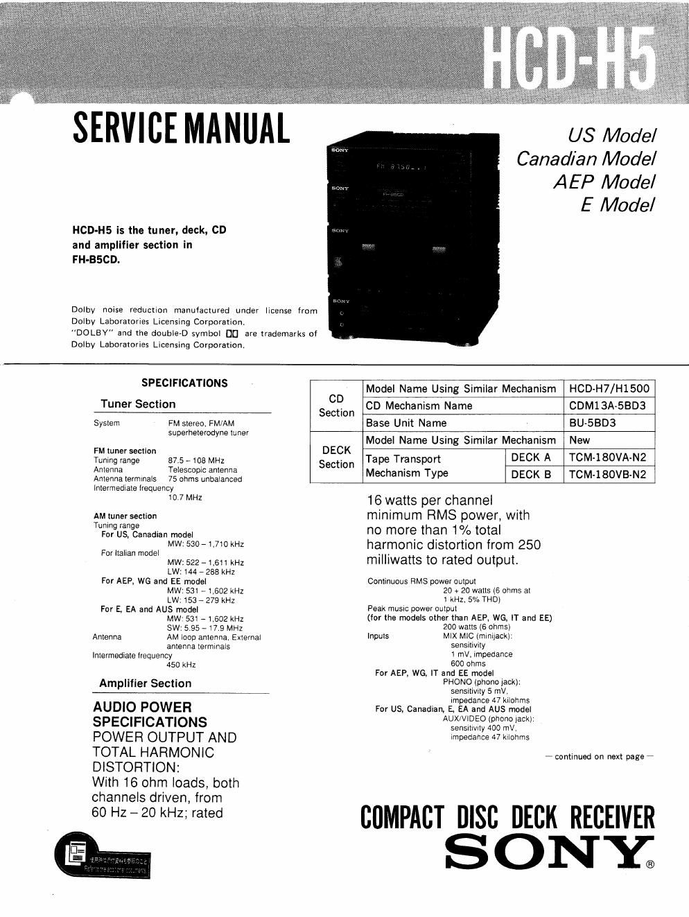 sony hcd h 5 service manual