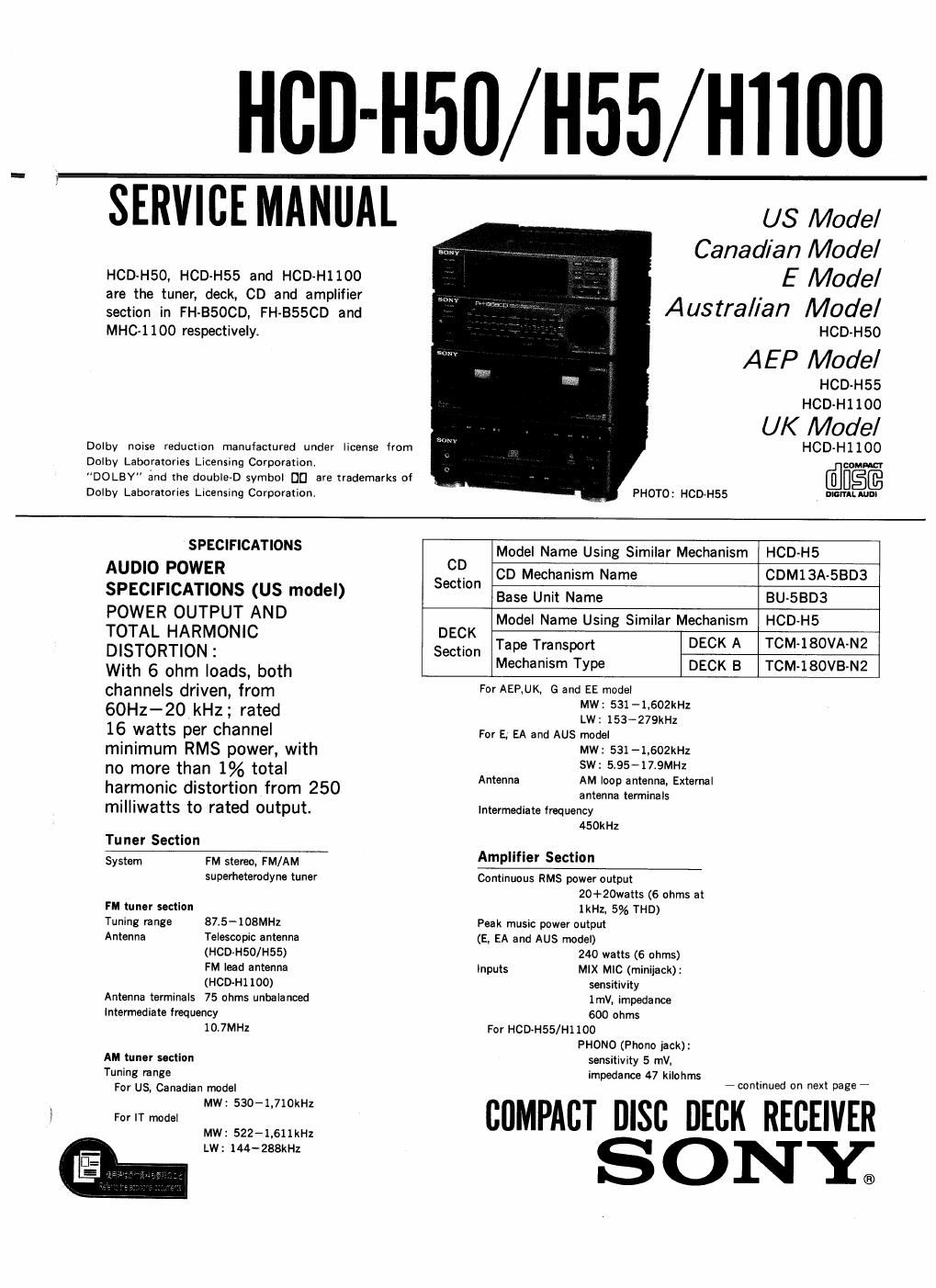 sony hcd h 50 h55 h1100