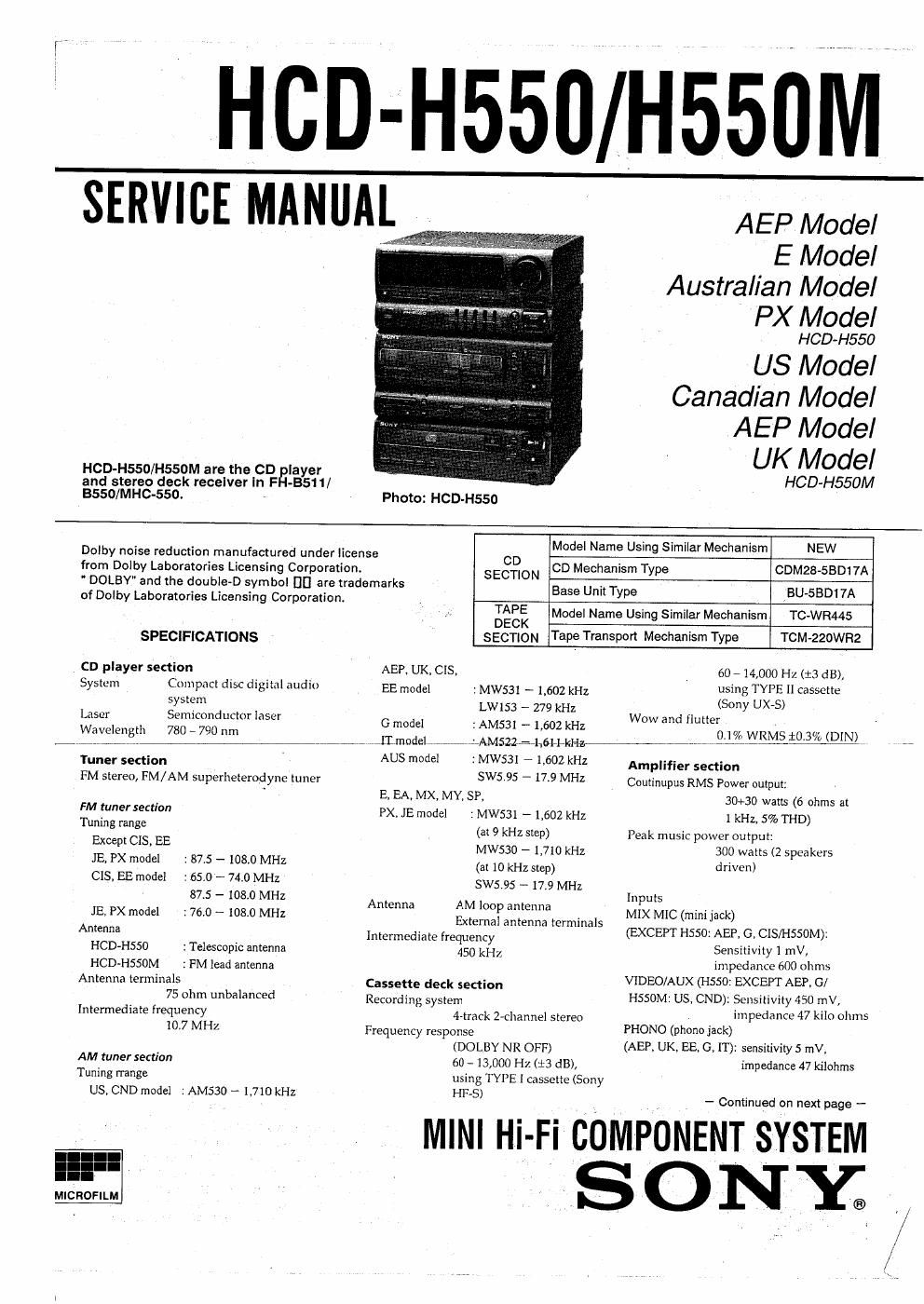 sony hcd h 550 service manual
