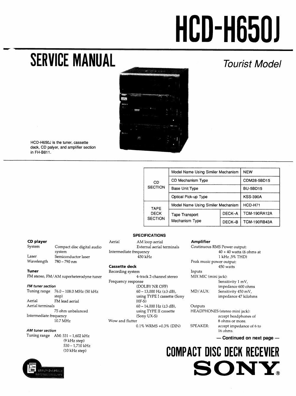 sony hcd h 650 j service manual