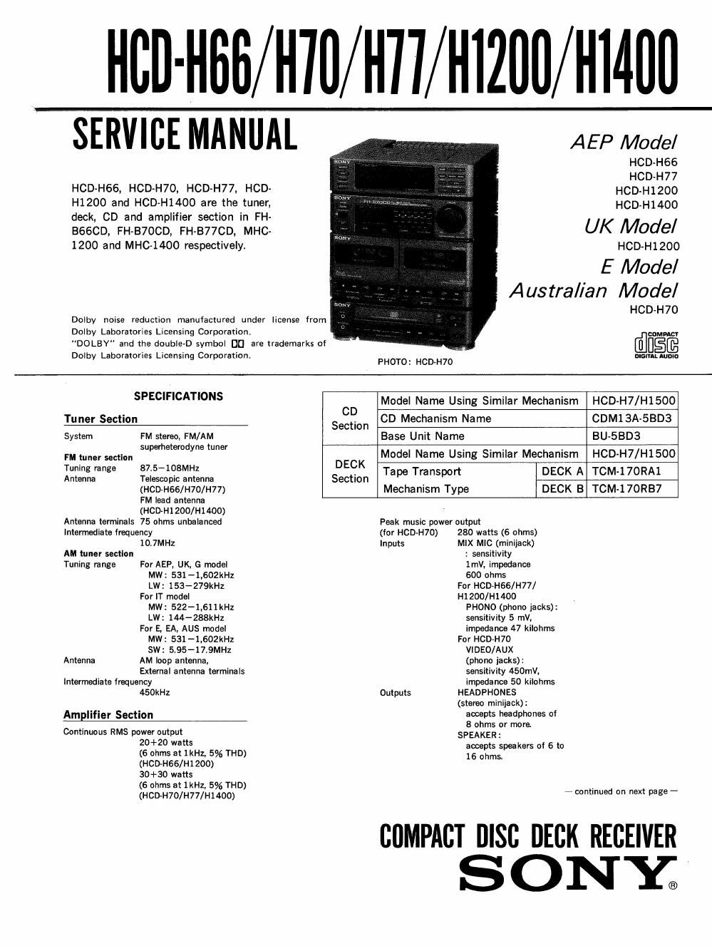sony hcd h 70 service manual