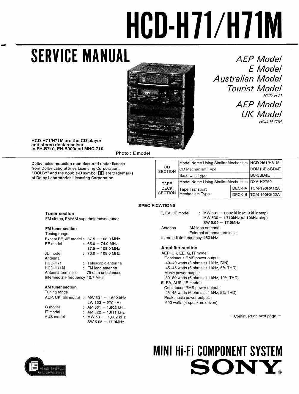 sony hcd h 71 service manual