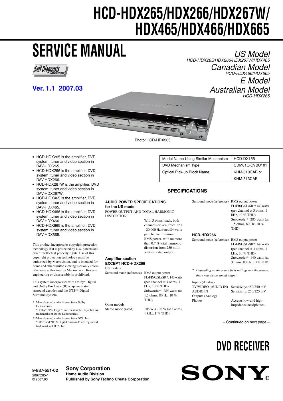 sony hcd hdx 265 hcd hdx665 series dvd receiver