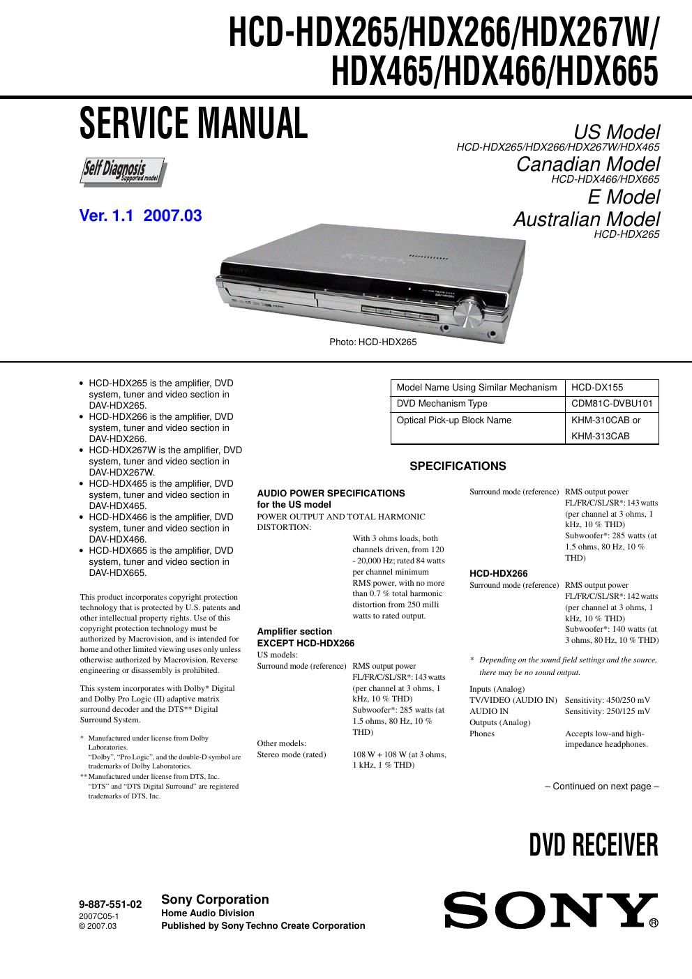 sony hcd hdx 265 service manual