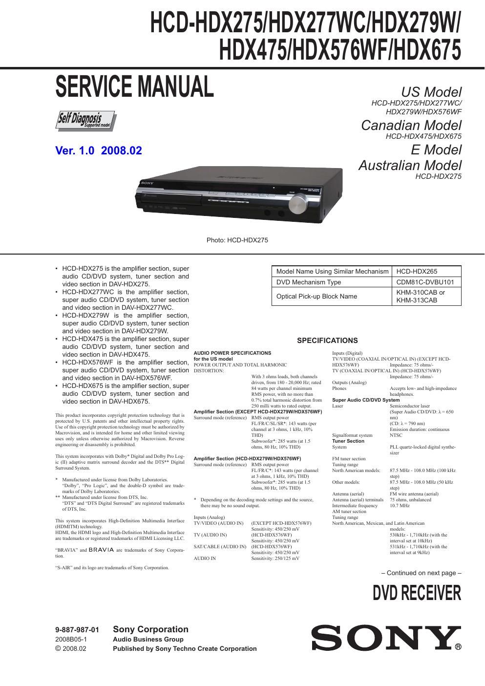 sony hcd hdx 275 service manual