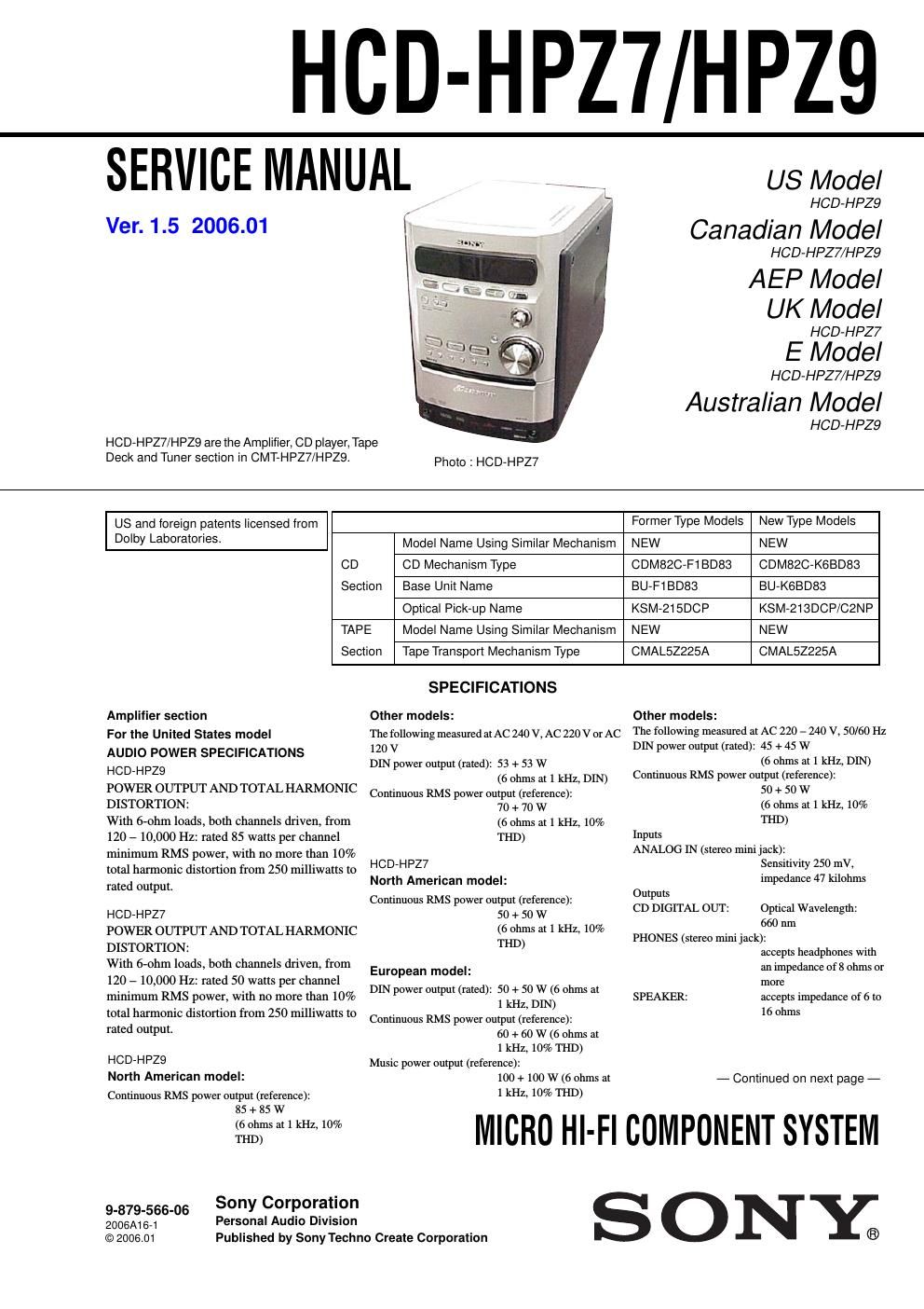 sony hcd hp 27 service manual