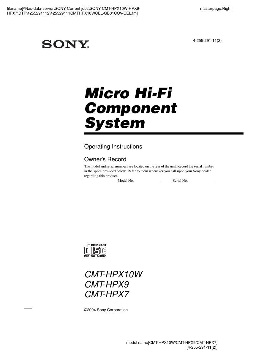 sony hcd hpx 10 w owners manual