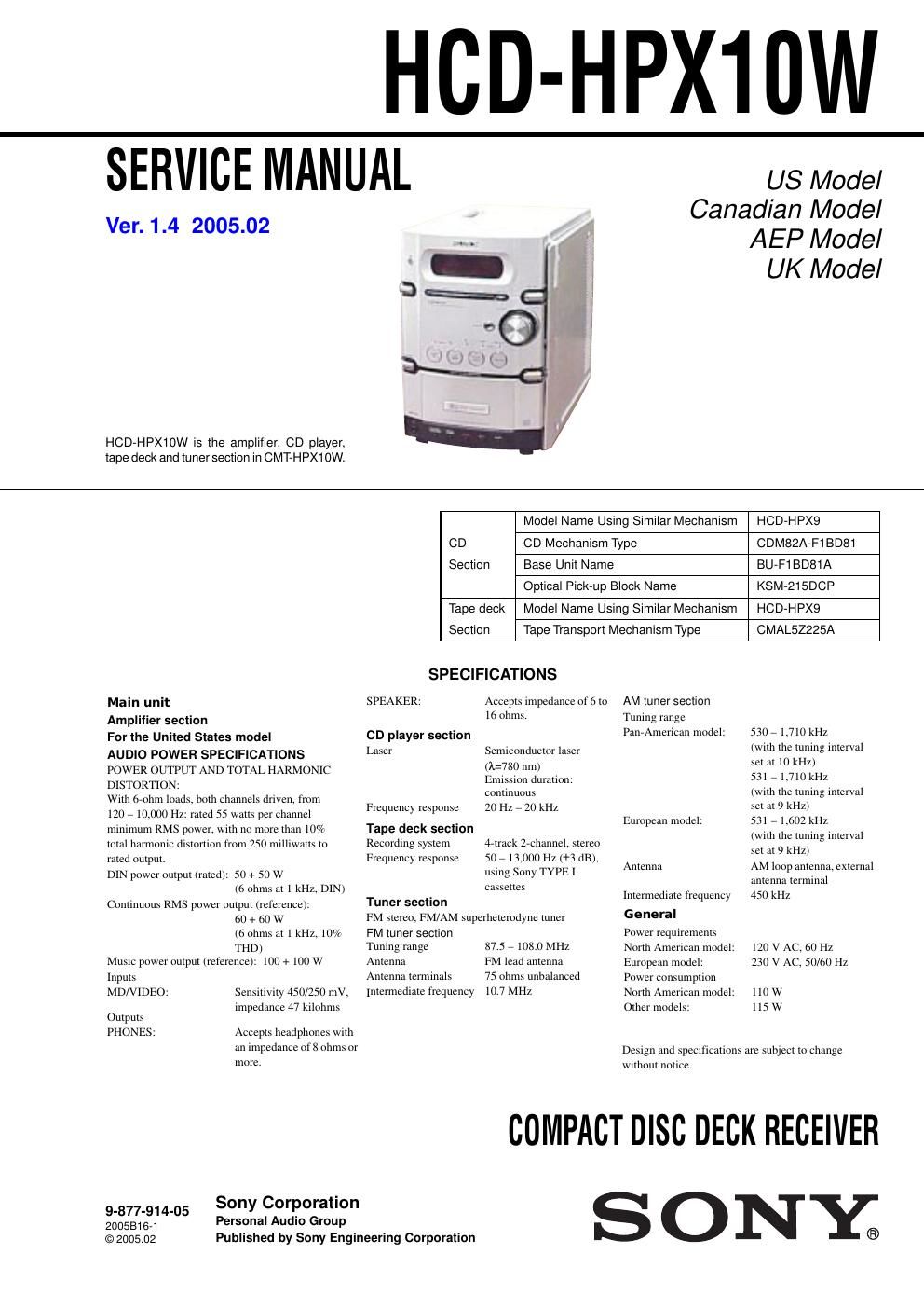 sony hcd hpx 10 w service manual