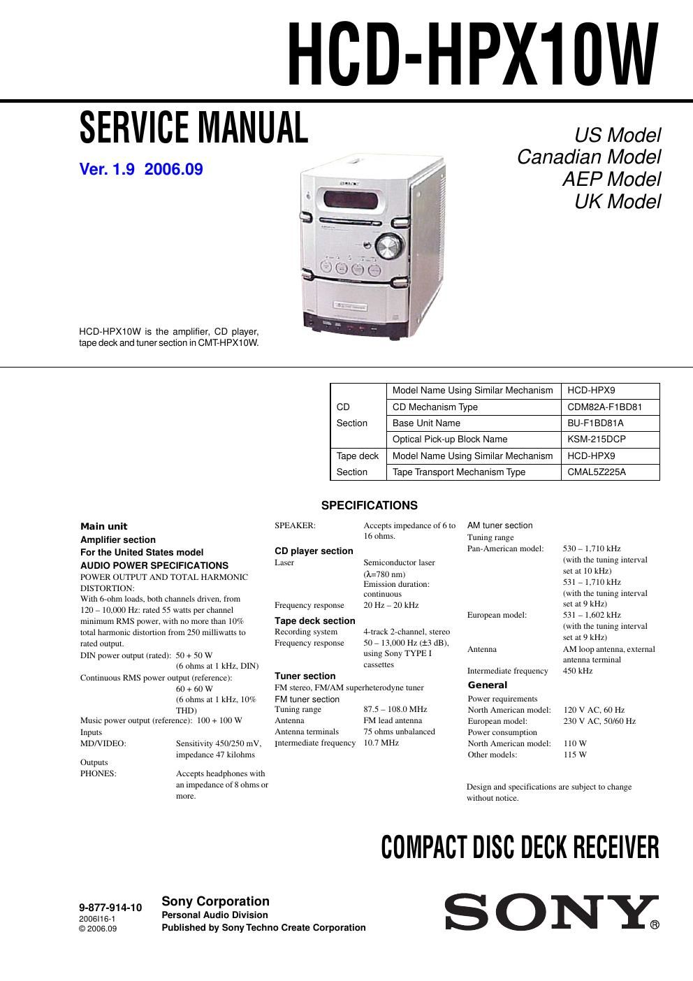 sony hcd hpx 10w service manual