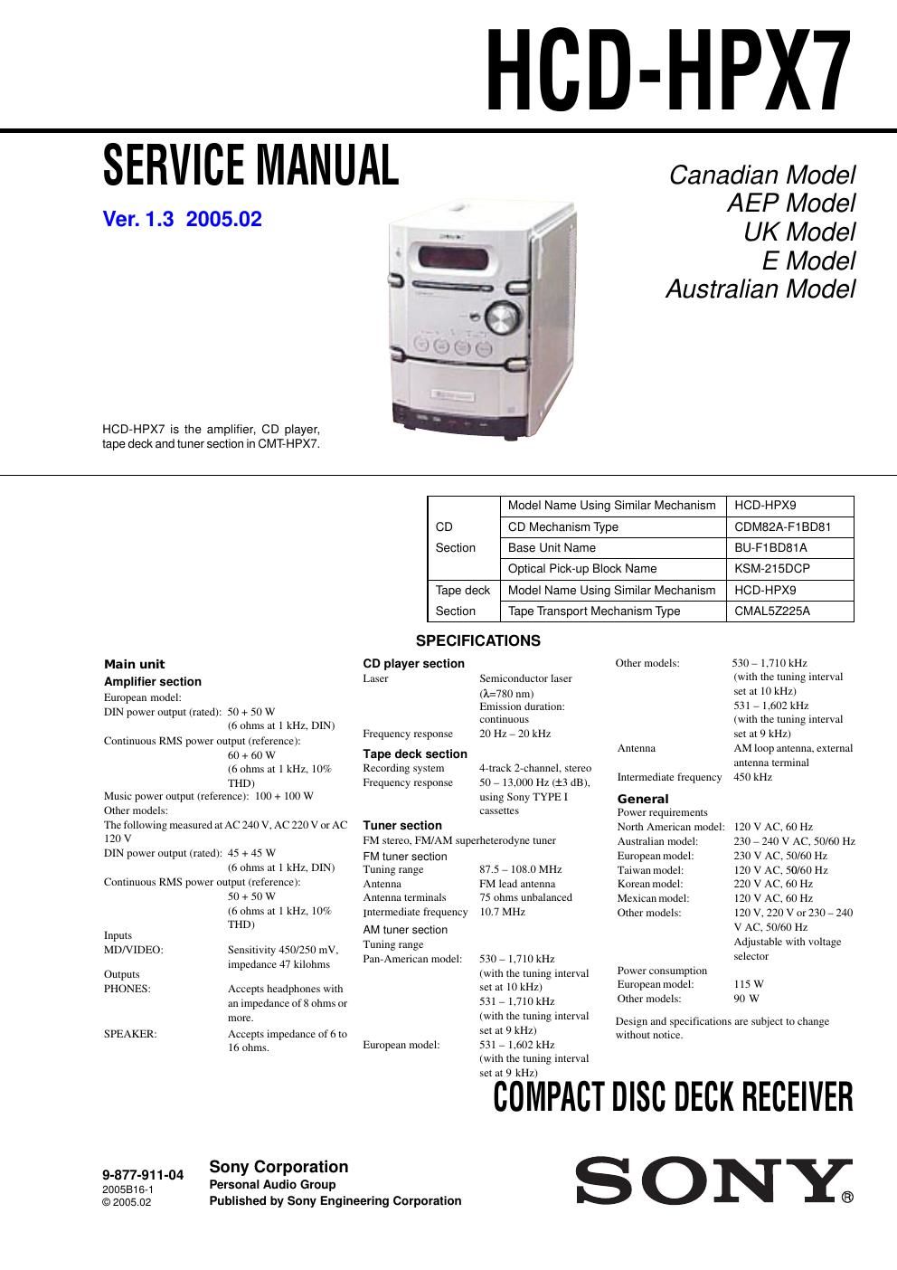 sony hcd hpx 7 service manual