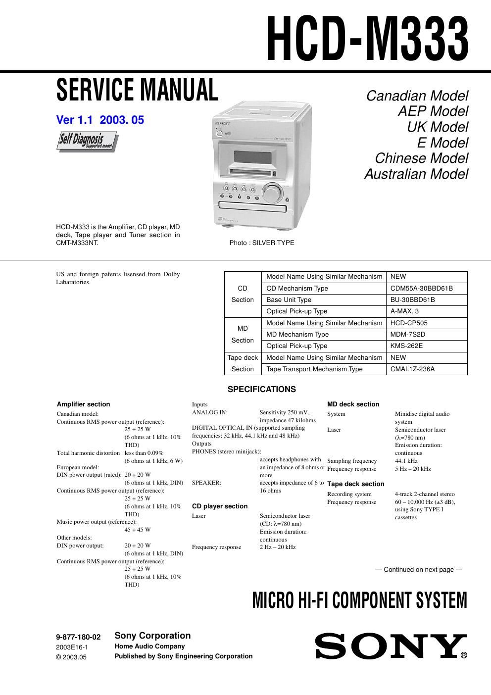 sony hcd m 333 service manual