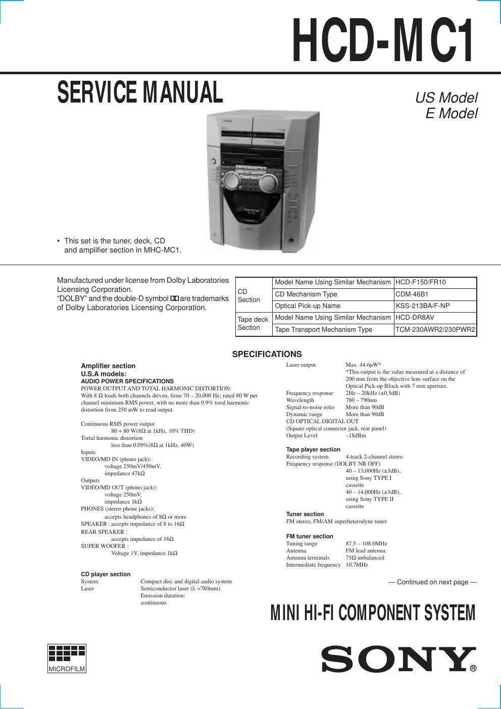 sony hcd mc 1 service manual