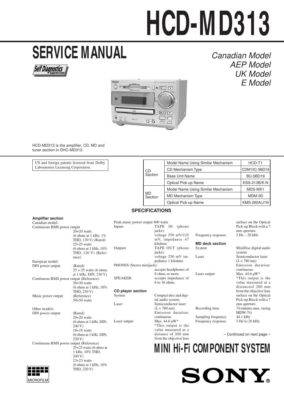 sony hcd md 313 service manual