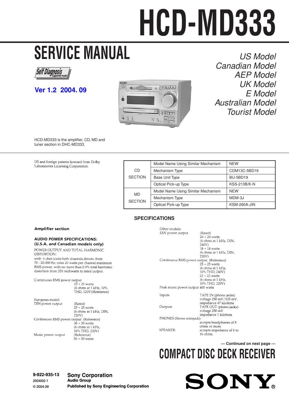 sony hcd md 333 service manual