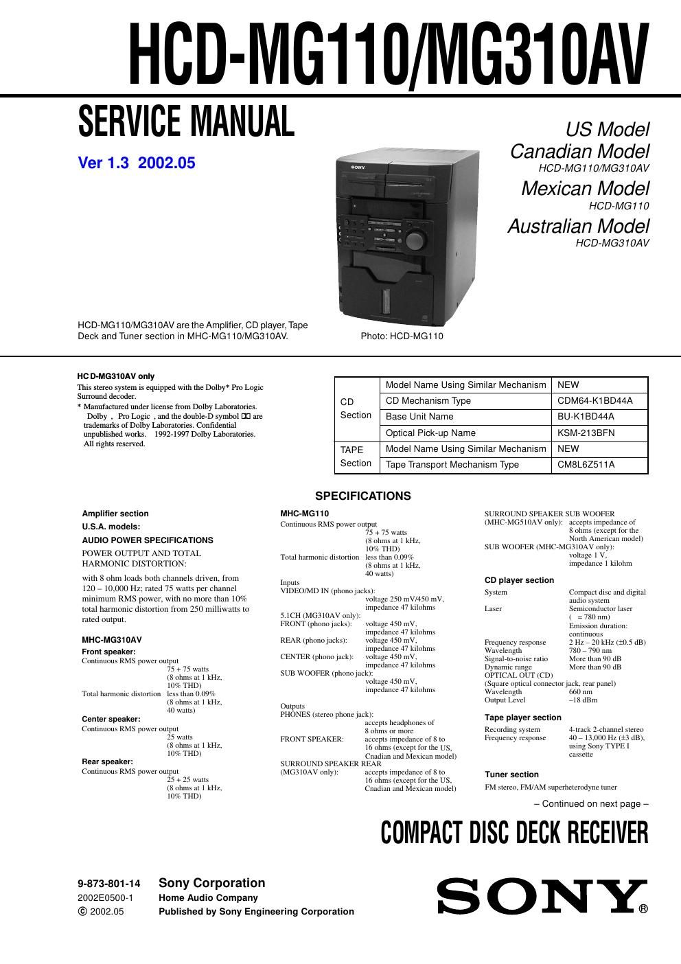 sony hcd mg 110 service manual