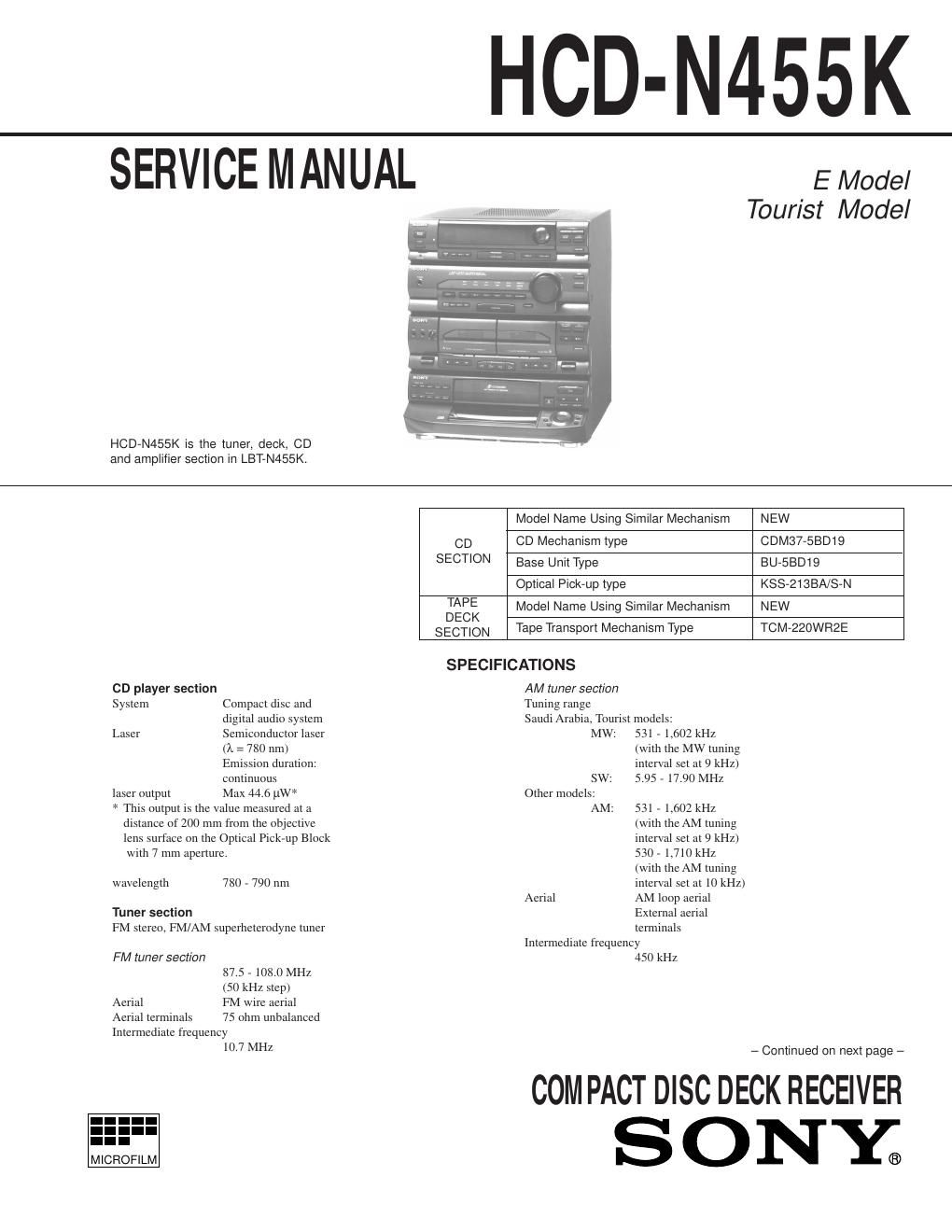 sony hcd n 455 service manual