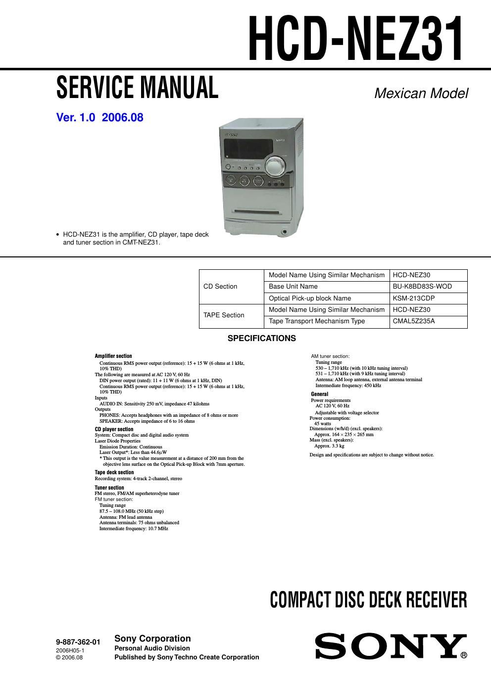 sony hcd nez 31 service manual