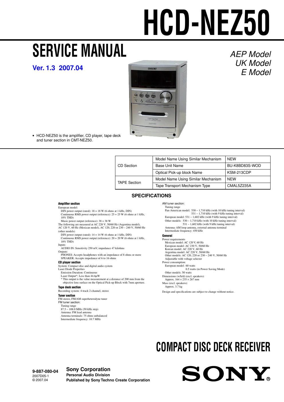 sony hcd nez 50 service manual