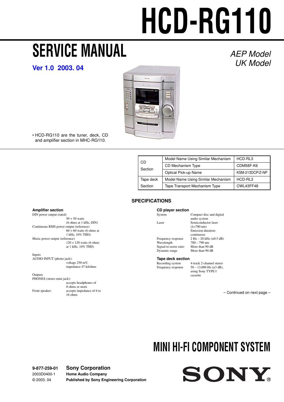 sony hcd rg 110 service manual