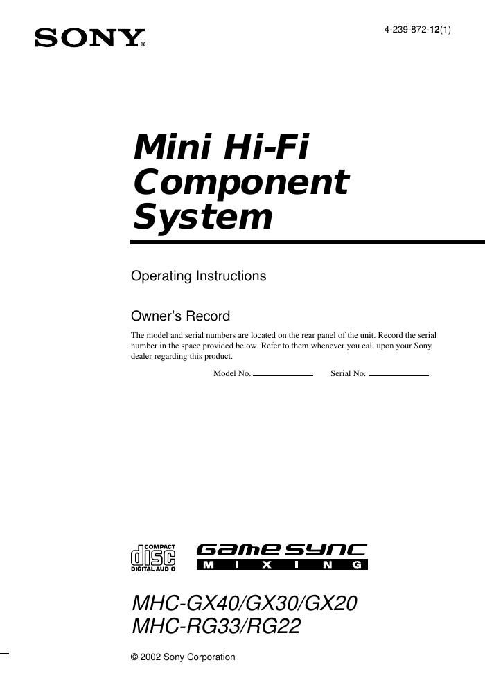 sony hcd rg 22 owners manual