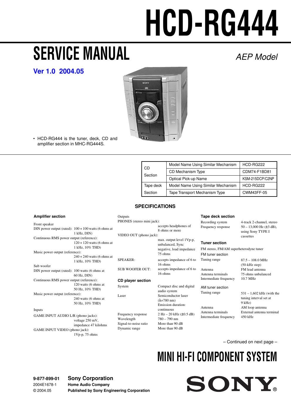 sony hcd rg 444 service manual