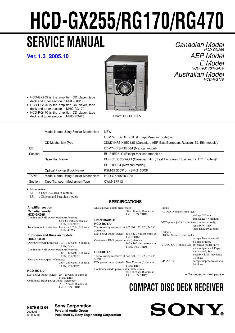 sony hcd rg 470 service manual