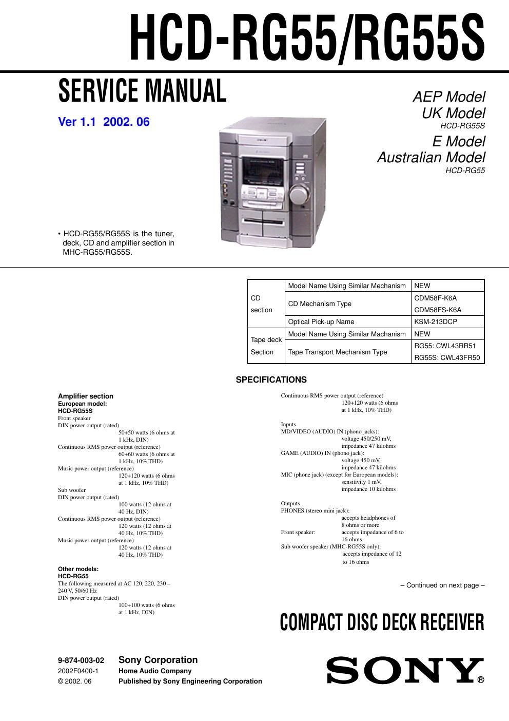 sony hcd rg 55 s service manual