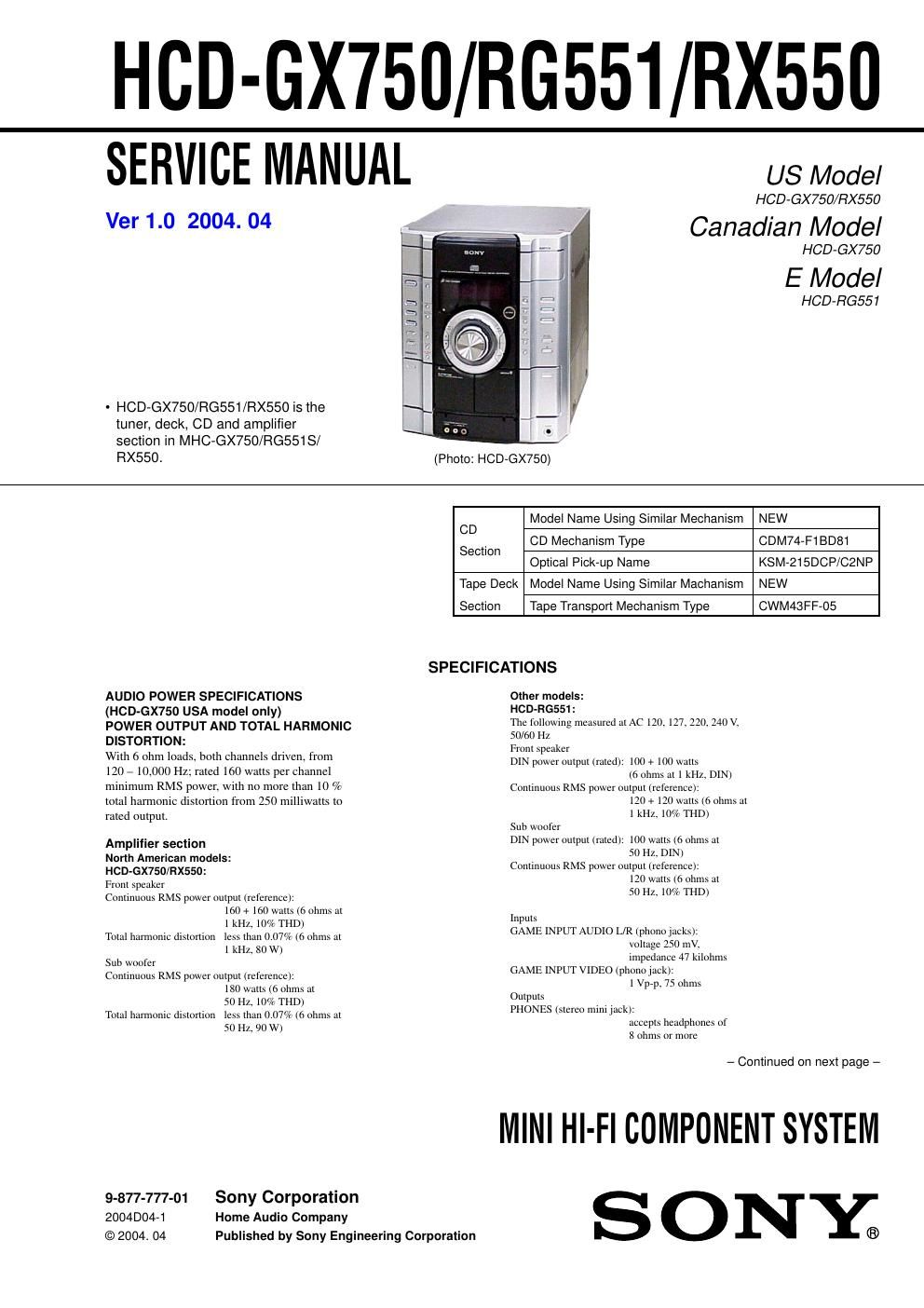 sony hcd rg 551 service manual