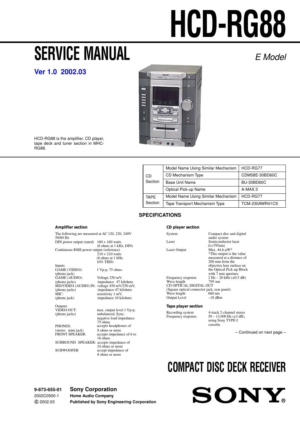 sony hcd rg 88 service manual