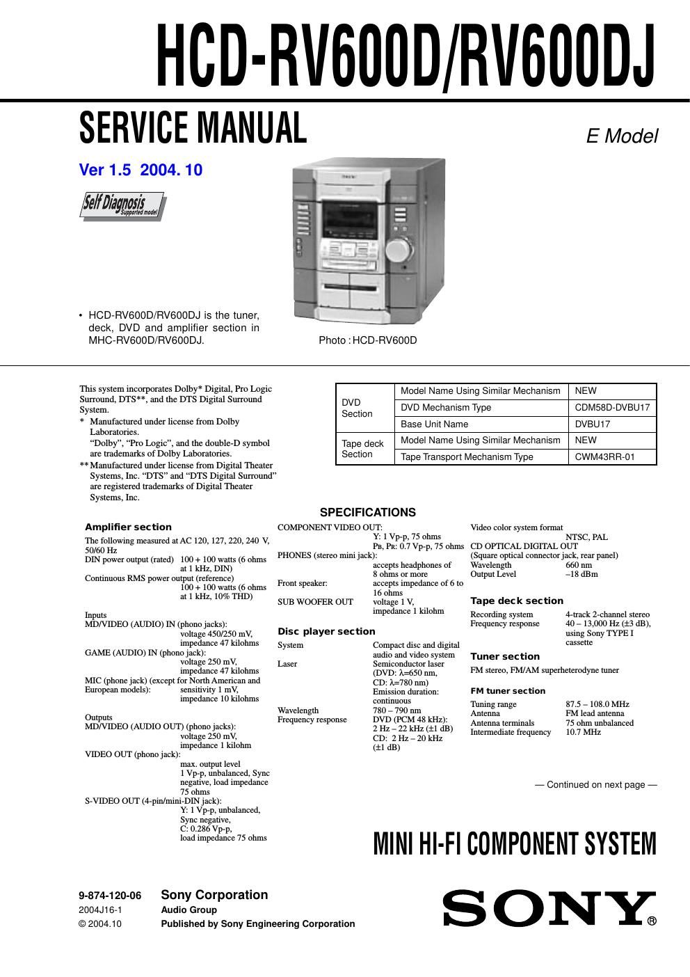 sony hcd rv 600d service manual