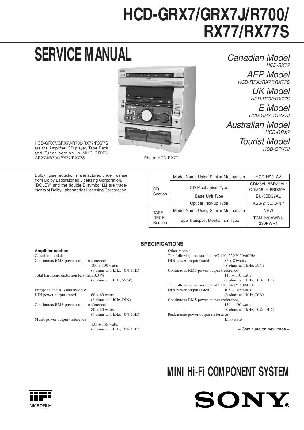 sony hcd rx 77 s service manual