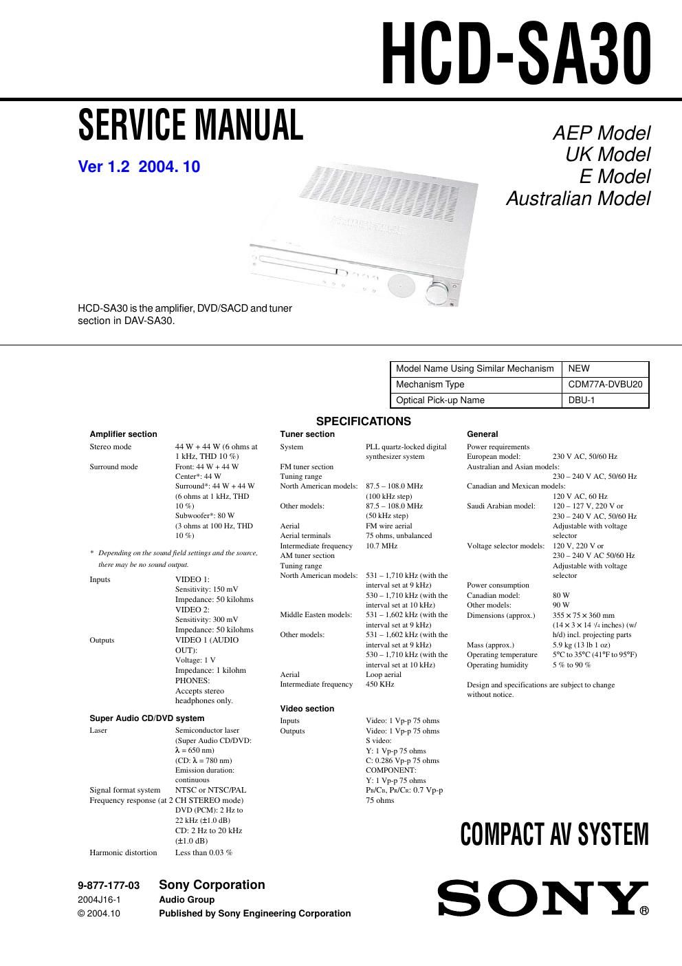 sony hcd sa30 service manual