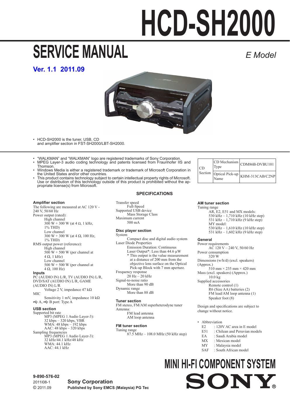 sony hcd sh 2000 service manual