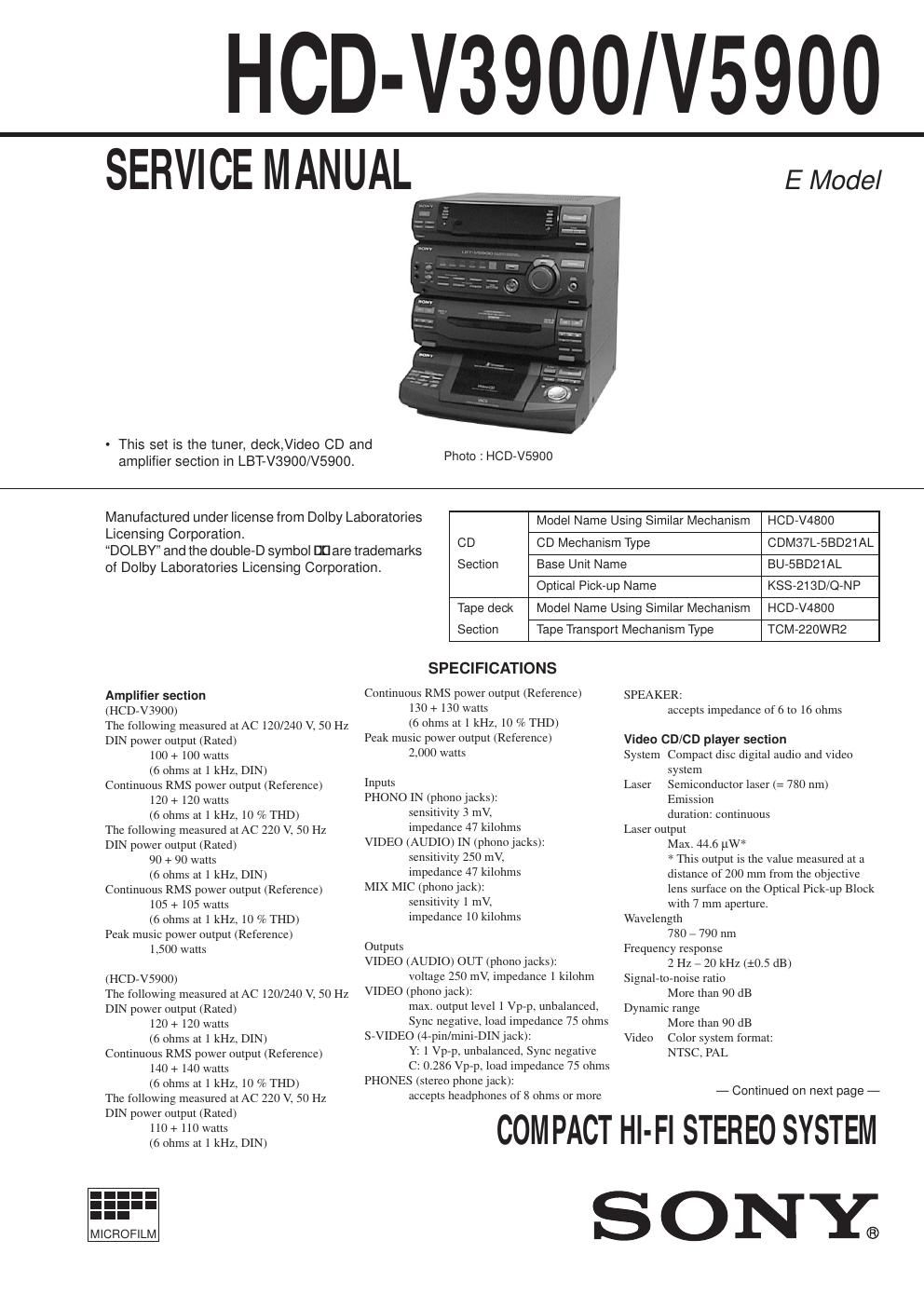 sony hcd v 3900 service manual