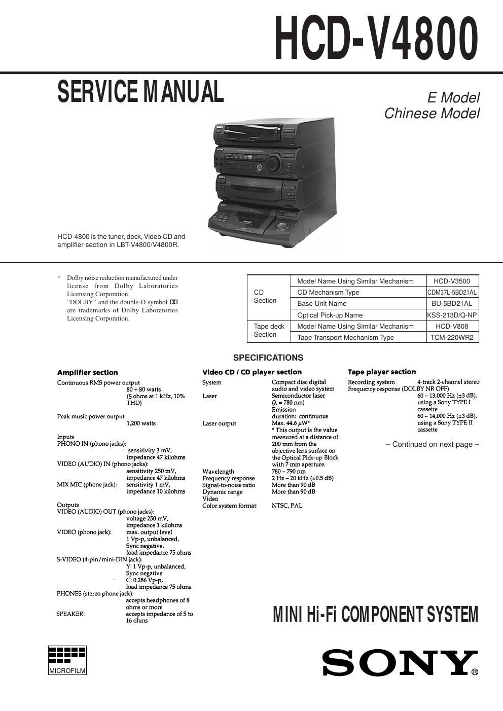 sony hcd v 4800 service manual