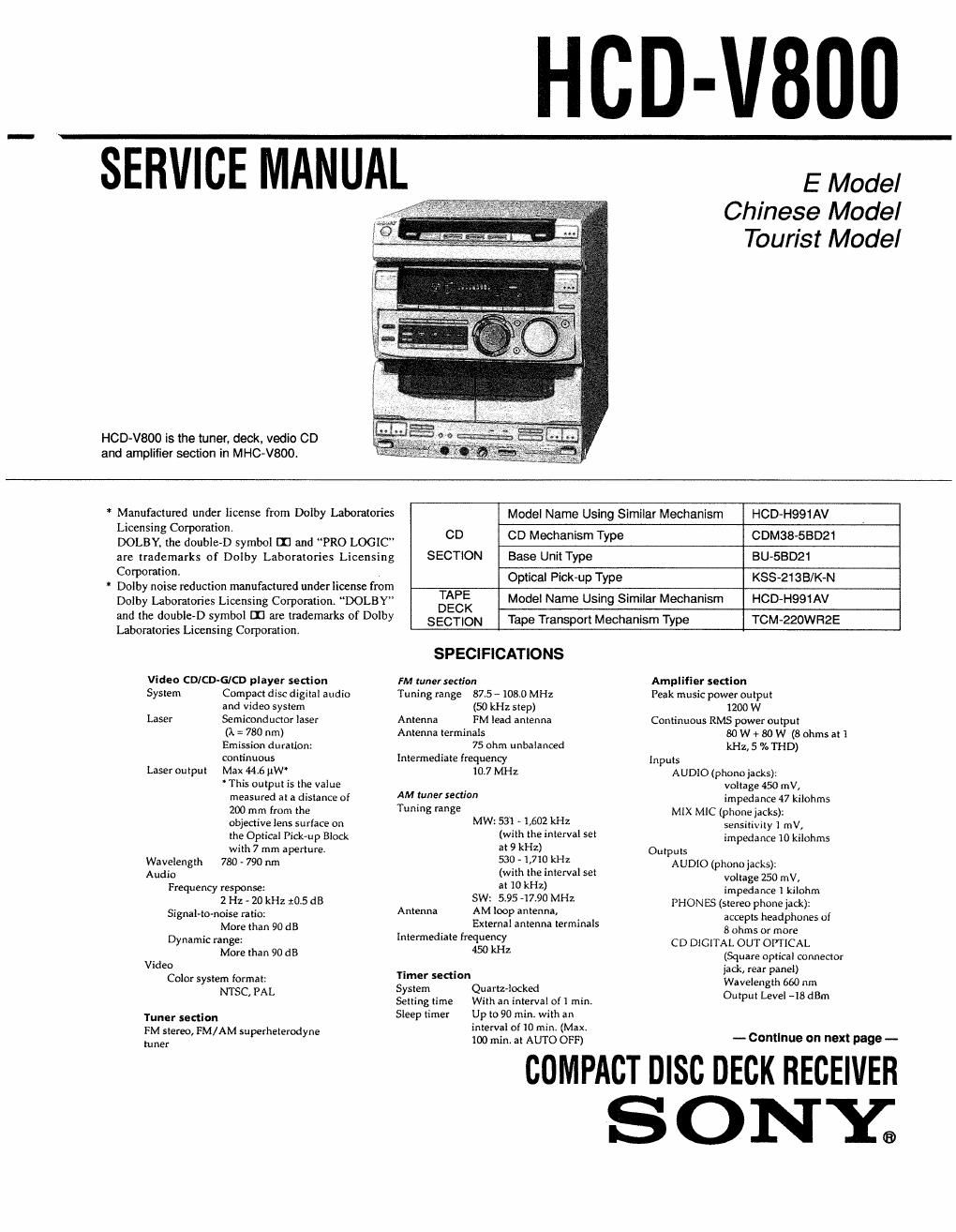 sony hcd v 800 service manual